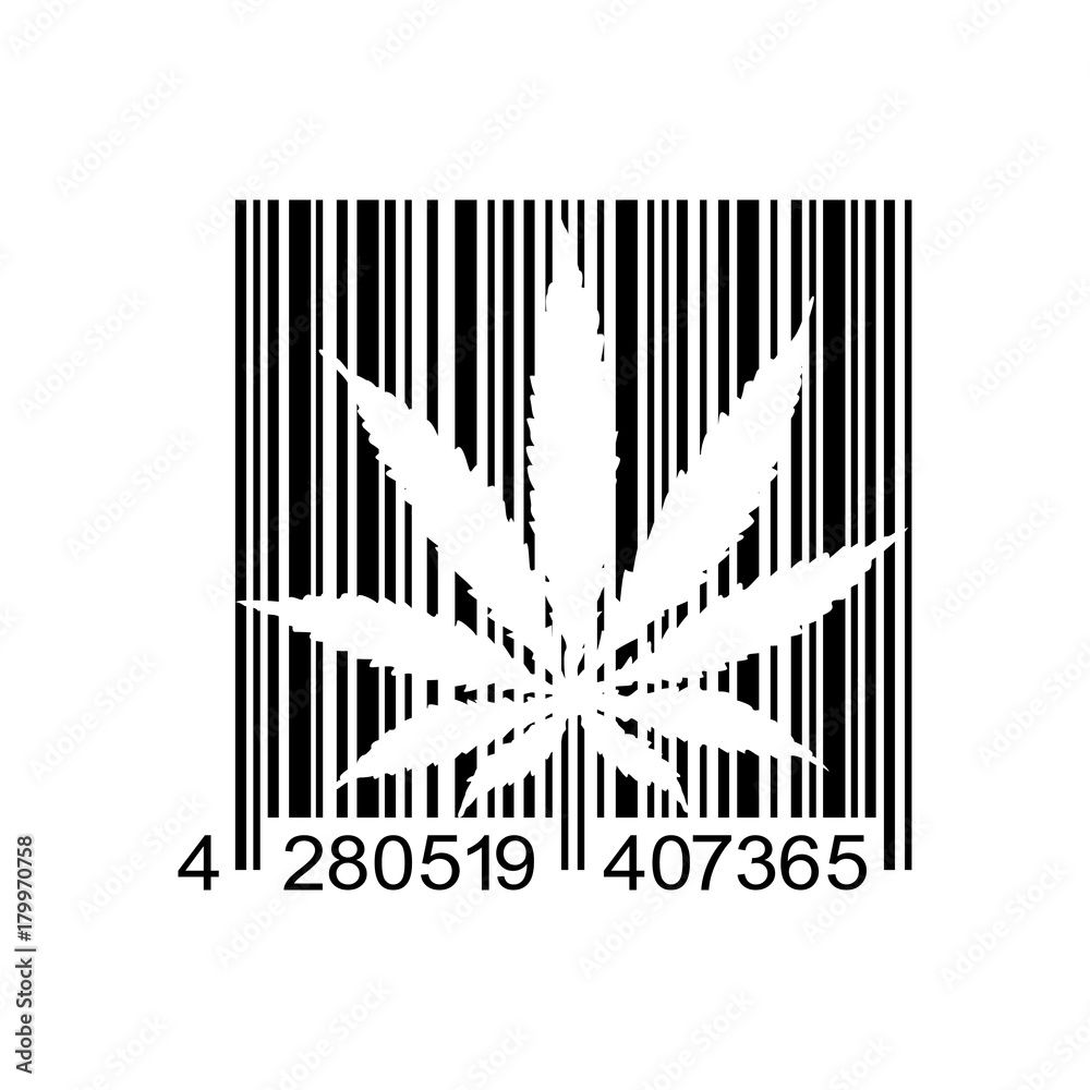 Icono plano codigo de barras marihuana negro en fondo blanco Icono plano codigo de barras marihuana negro en fondo blanco