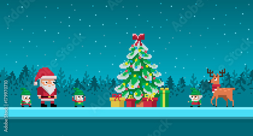 Pixel art scene with santa claus and gnomes