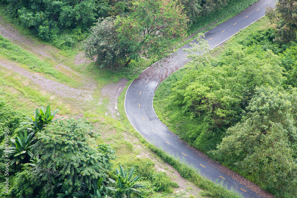 Bird eye view of trail in an open green field