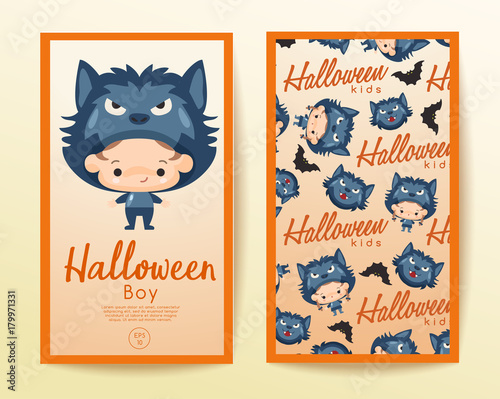 Boy and girl wearing Halloween fancy hat in vertical card template : Vector Illustration © da_on