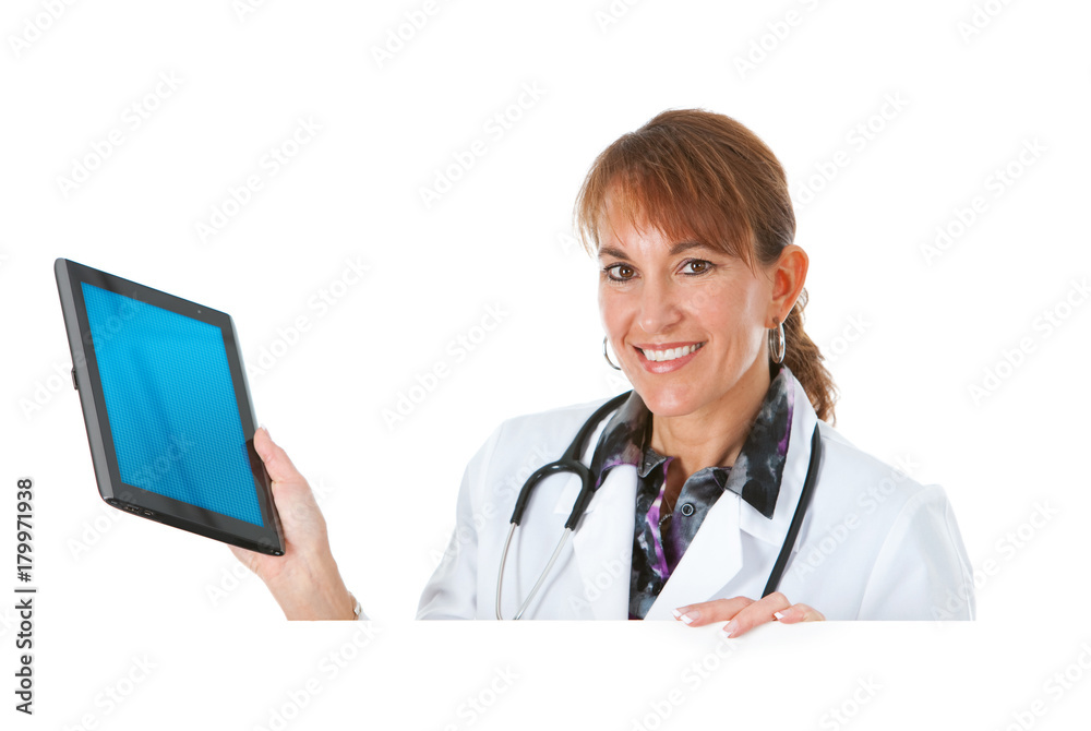 Doctor: Holding a Tablet Computer Behind White Card Doctor: Holding a Tablet Computer Behind White Card