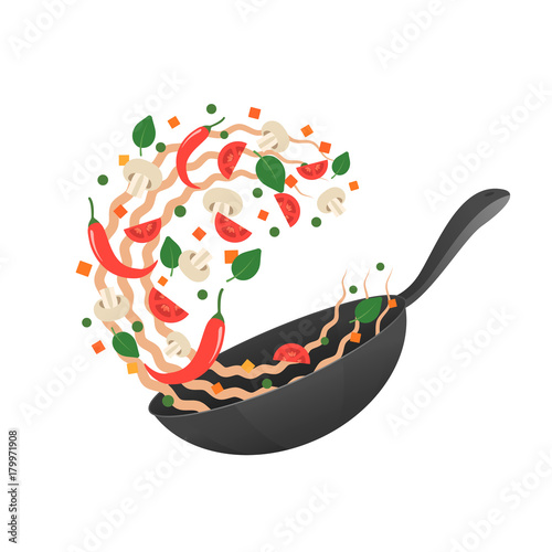 Stir fry. Cooking process vector illustration. Flipping Asian noodles in a pan. Cartoon style. Flat
