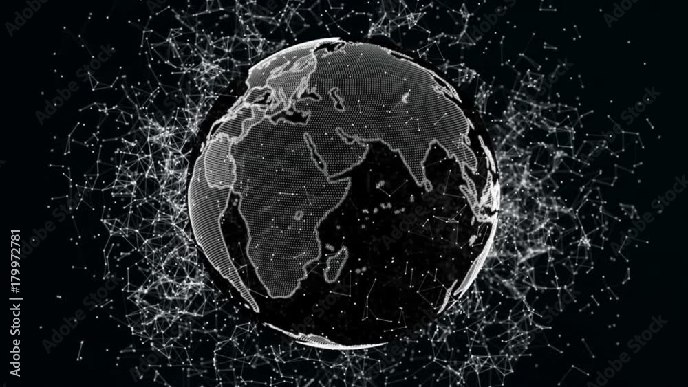 An abstract planet earth with a structure of plexus and particles around. Planet of digital abstract technologies. Engineered background.