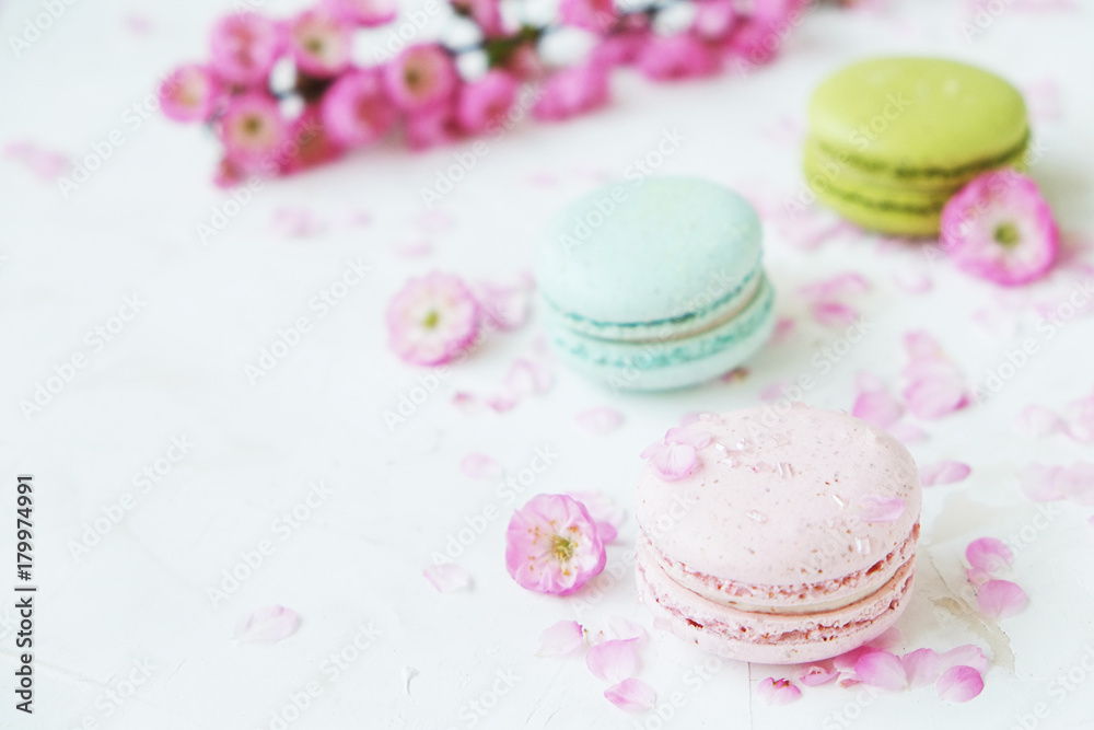 Macaron or macaroon french coockie on white textured with spring sakura flowers, pastel colors. Macaron or macaroon french coockie on white textured with spring sakura flowers, pastel colors.