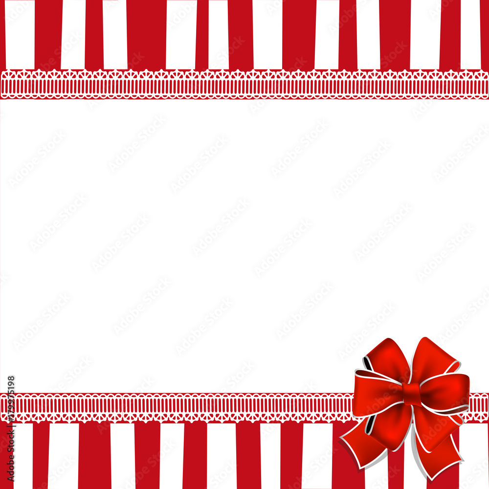 Holiday greeting card with red bow, lace and copy space on red and white striped background. Vector illustration, template. Holiday greeting card with red bow, lace and copy space on red and white striped background. Vector illustration, template.