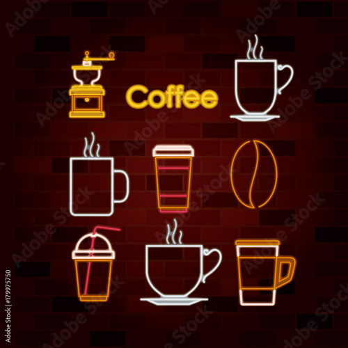 coffee drink set of neon sign on brick wall