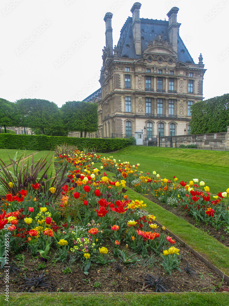 Spring gardens of the Tuileries and part of the Louvre, Paris