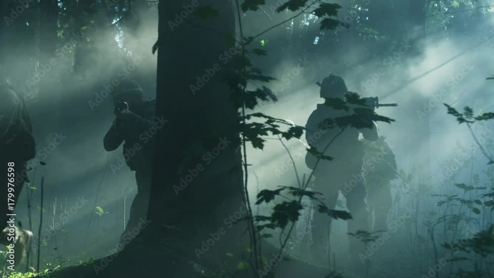 Fully Equipped Soldiers Wearing Camouflage Uniform Attacking Enemy, Rifles Ready to Shoot. Military Operation in Action, Squad Walking in Formation Through Dense Smokey Forest. Slow Motion. 