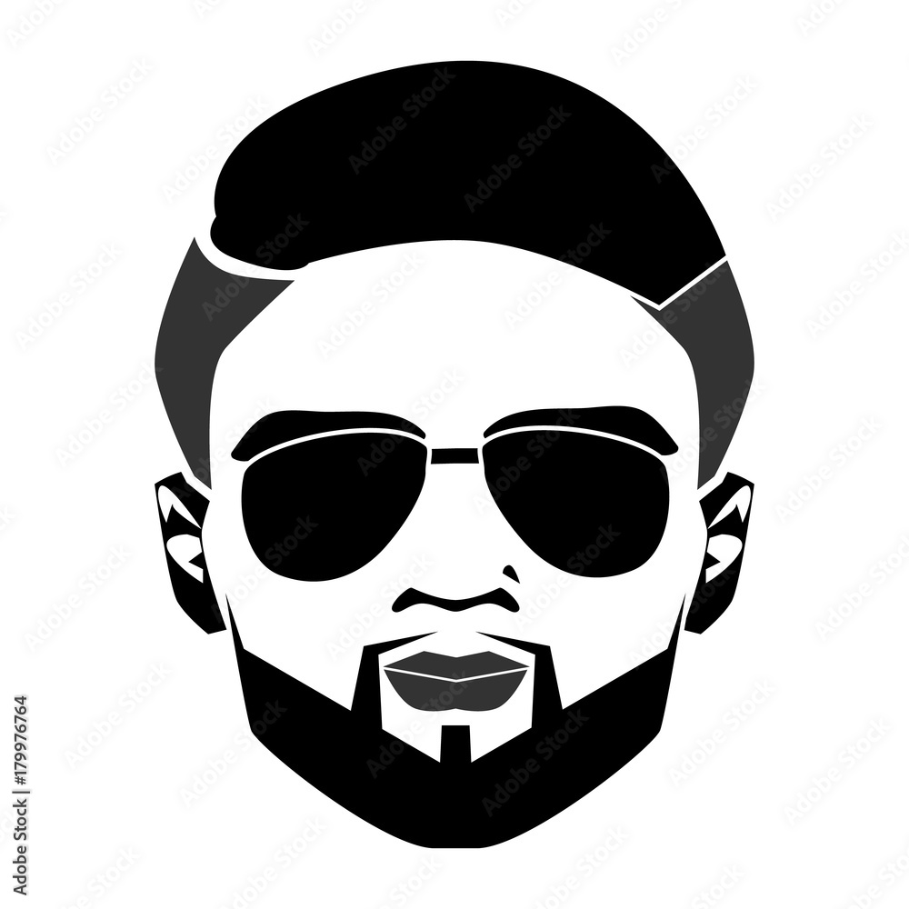 Elegant bearded man face in sunglasses. Vector hipster character. Fashion silhouette, avatar, emblem, logo with moustached man for barbershop design. Vector illustration.