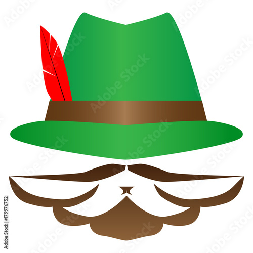 Green German Alpine Octoberfest hat with red feathers. Hunter hat with feather.  Traditional Bavarian hunting hat with feather and sign moustache, bearder. Octoberfest symbol. Colorful illustration.