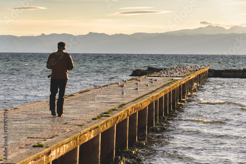 Walking on the pier through a segulls photo