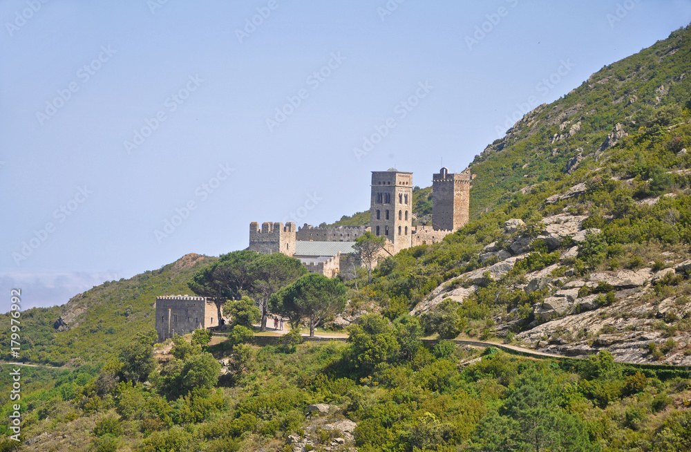 Landscapes of Spain - mountains, roads and medieval monastery Sant Pere de Rodes