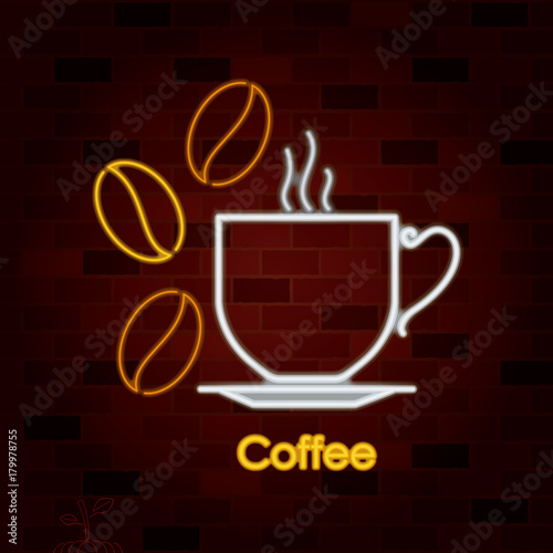 hot coffee drinking cup on dish and coffee beans in neon sign on brick wall