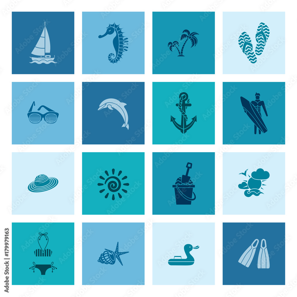 Fototapeta premium Summer and Beach Simple Flat Icons