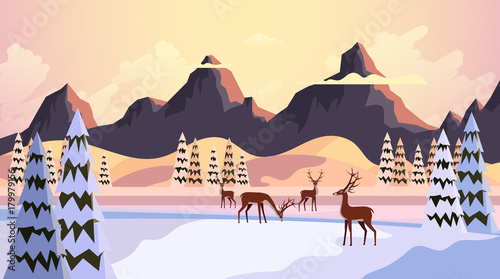 Beautiful Nature Winter Vector Landscape Illustration with Deers