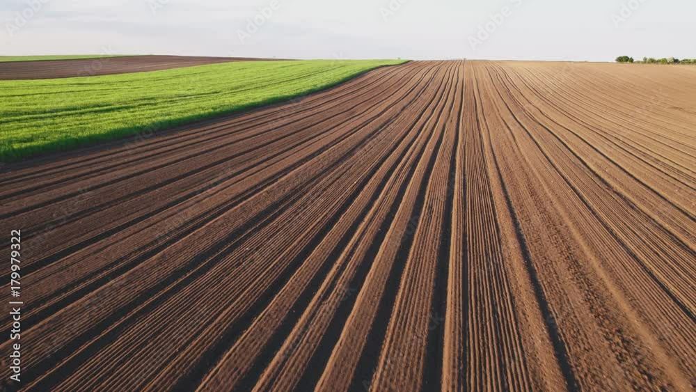 Flight over agricultural arable land fields Flight over agricultural arable land fields