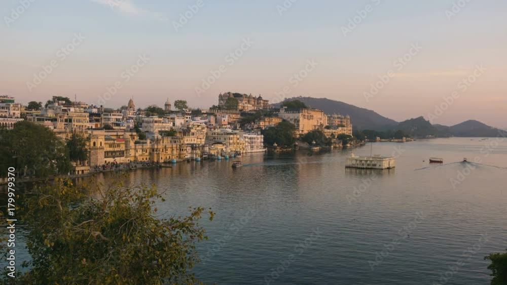 Udaipur Rajasthan India. Time lapse at sunset from above. Travel destination and tourism landmarks.