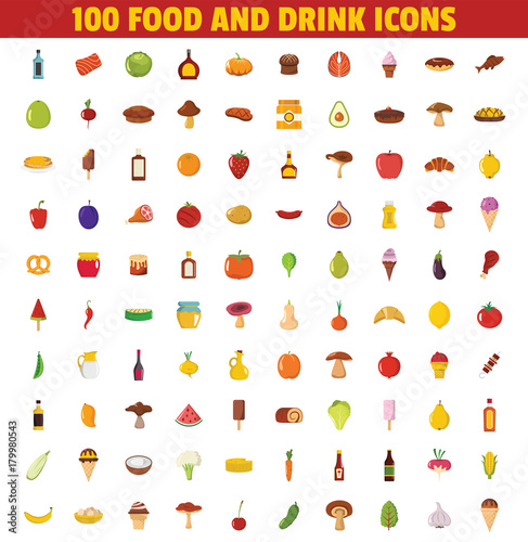 100 Food and drink icons set. Big collection food and drink objects with meat, mushroom, bakery, fruit and vegetable. Objects for kitchen design, farm advertising and menu. Vector illustration