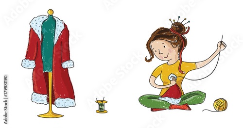 Seamstress girl sewing Santa Christmas costume