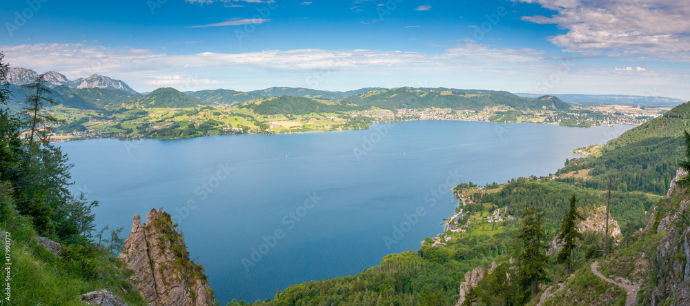 panoramic view to lake Traunsee from mount Traunstein