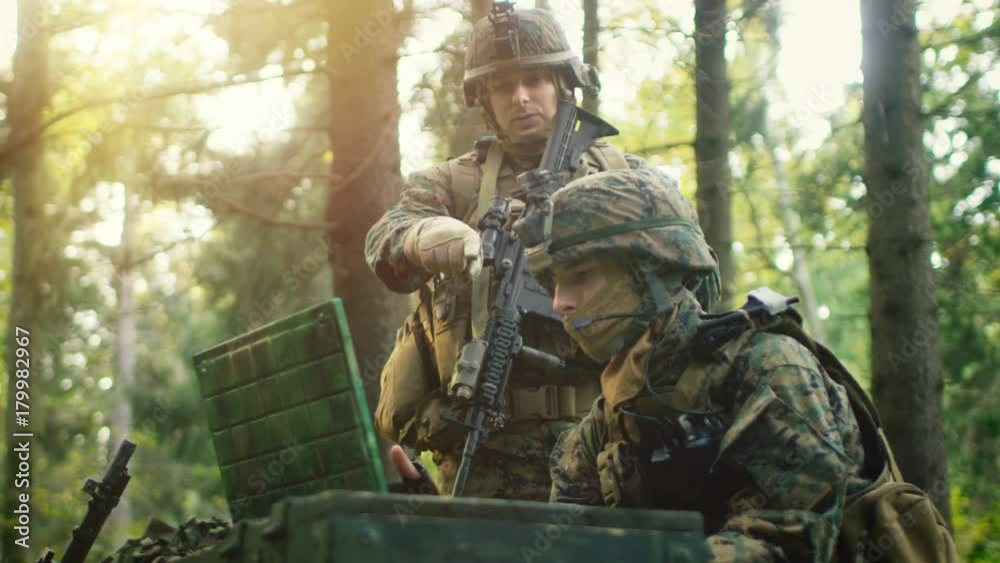 Military Staging Base, Commander Gives Orders to Chief Army Engineer Uses Army Grade Laptop Issued by Military Industrial Complex. 