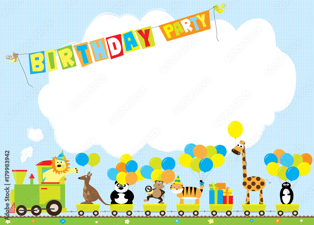 cartoon train with wild animals and balloons / birthday party ...