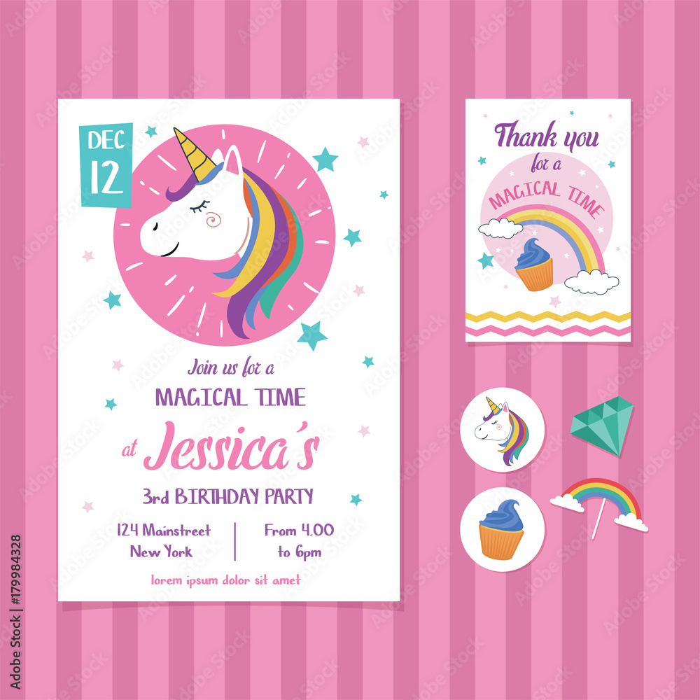 Unicorn Birthday Invitation Card Template with Unicorn Head