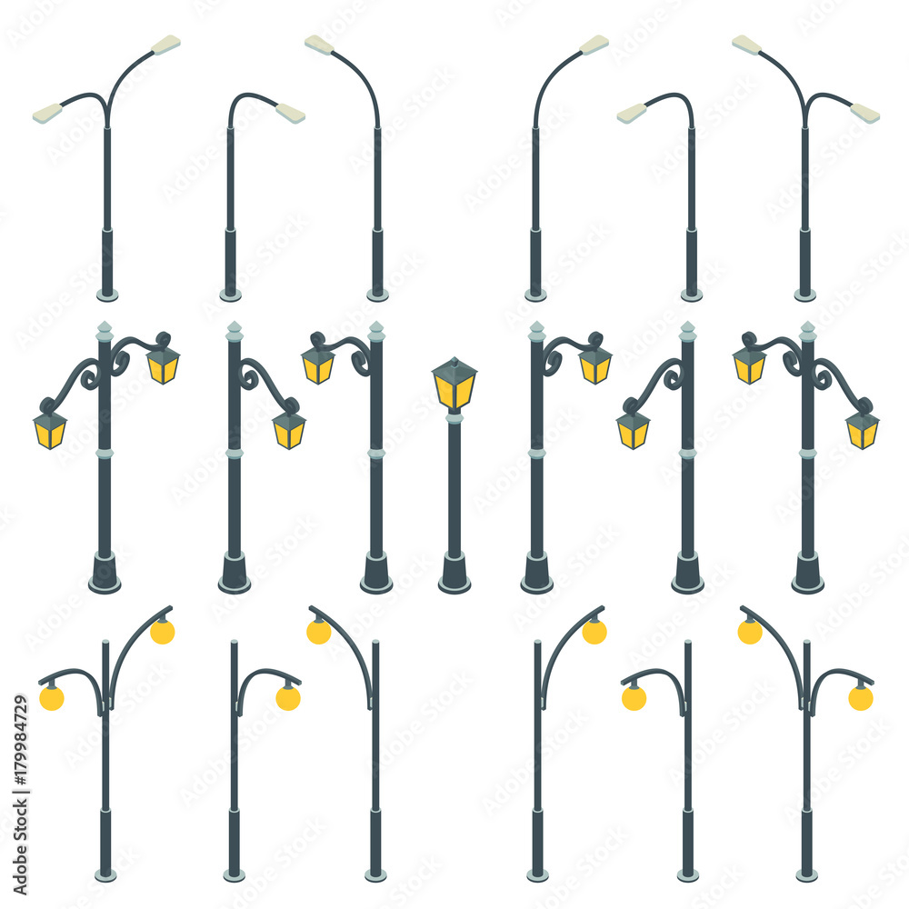 Street lamp posts in isometric style. Street lamp posts in isometric style.
