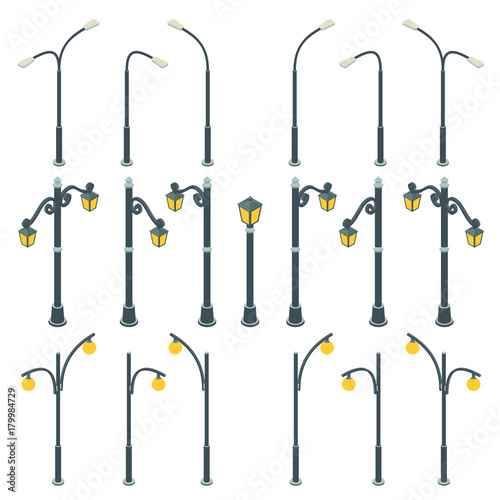 Street lamp posts in isometric style.