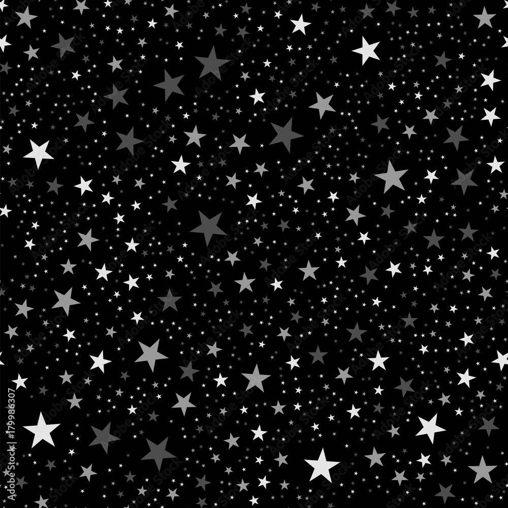 White stars seamless pattern on black background. Memorable endless random scattered white stars festive pattern. Modern creative chaotic decor. Vector abstract illustration.