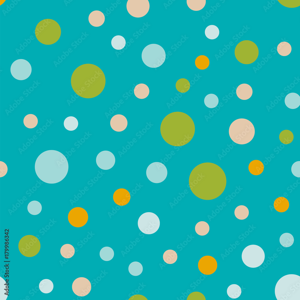 Colorful polka dots seamless pattern on bright 1 background. Adorable classic colorful polka dots textile pattern. Seamless scattered confetti fall chaotic decor. Abstract vector illustration.