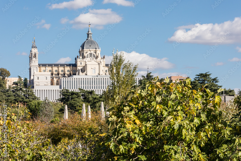 Almudena Cathedral in Madrid seen from the other side of the Manzanares River