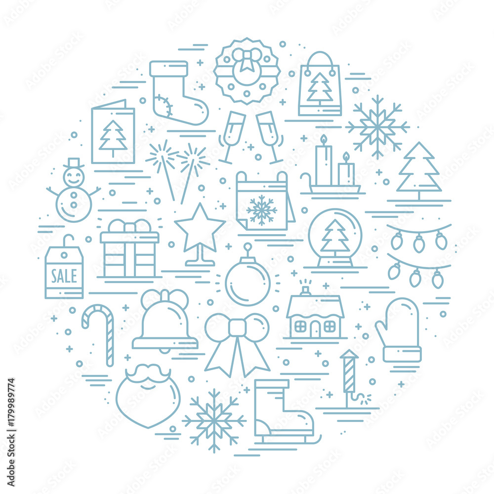 Round line christmas illustration with different winter symbols, elements, icons including presents, christmas tree, firework, bell, snowflakes socks, candy cane. Unique Xmas New Year holidays print.
