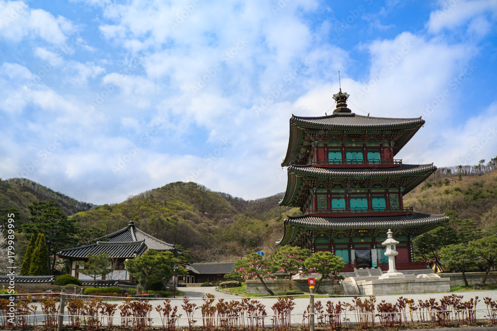 Naklejka premium Beautiful view of the 3-storied pagoda of botab Temple in Jincheon-gun, Chungcheongbuk-do, and Korean Buddhist culture