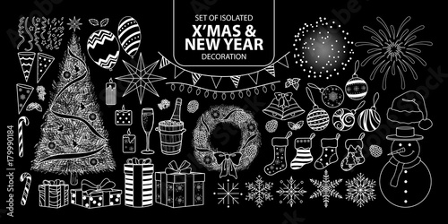 Set of isolated decoration for Christmas and New year. Vector illustration only white outline.
