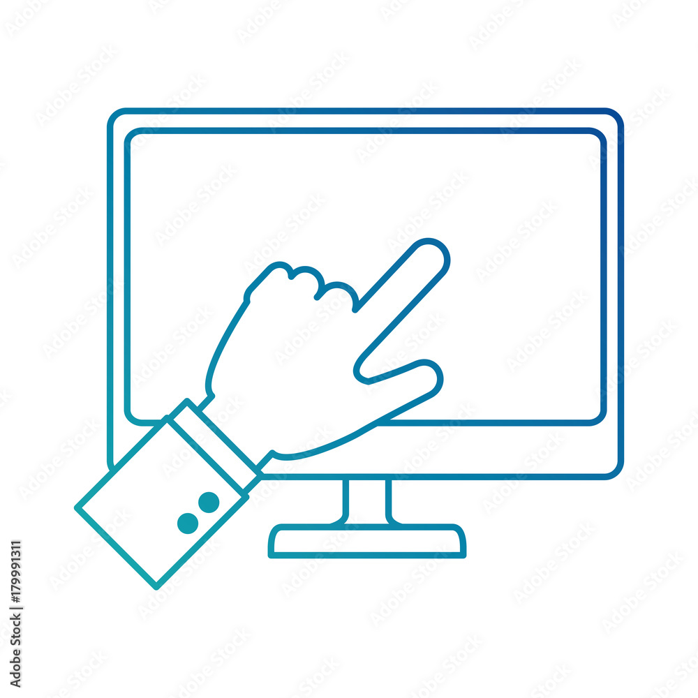 desktop computer with hand touching desktop computer with hand touching