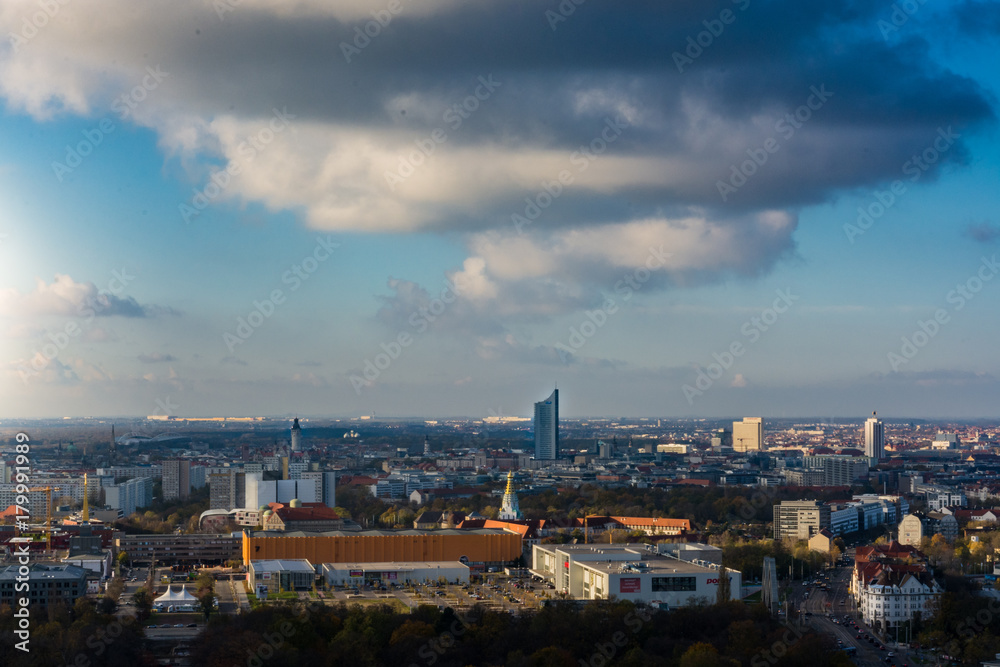LEIPZIG, GERMANY – NOVEMBER 6, 2017: View from the top of the Leipzig Monument to the Battle of the Nations (1813) towards the city centre of Leipzig.