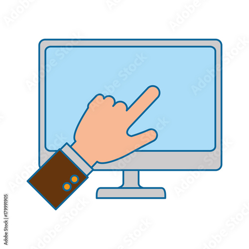 desktop computer with hand touching
