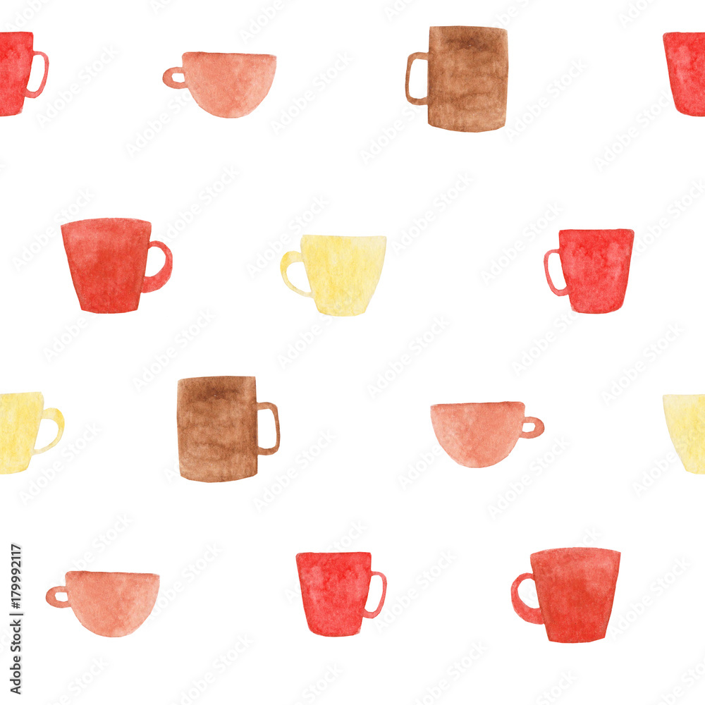 Watercolor Coffee mugs pattern. Illustration for design, print or background