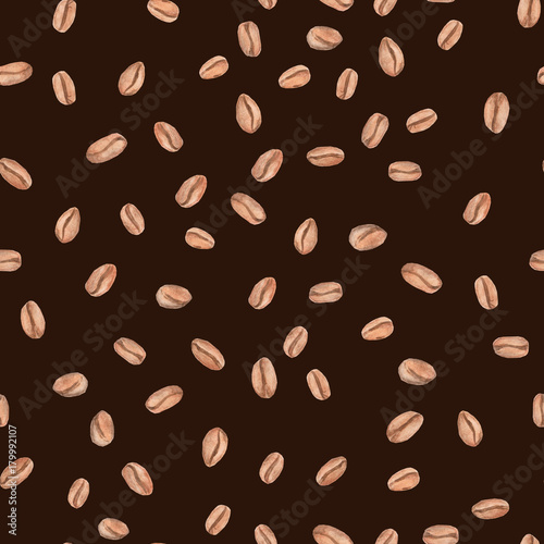 Watercolor Coffee beans pattern with brown background. Illustration for design  print