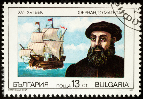 Ferdinand Magellan and his ship Trinidad on postage stamp photo