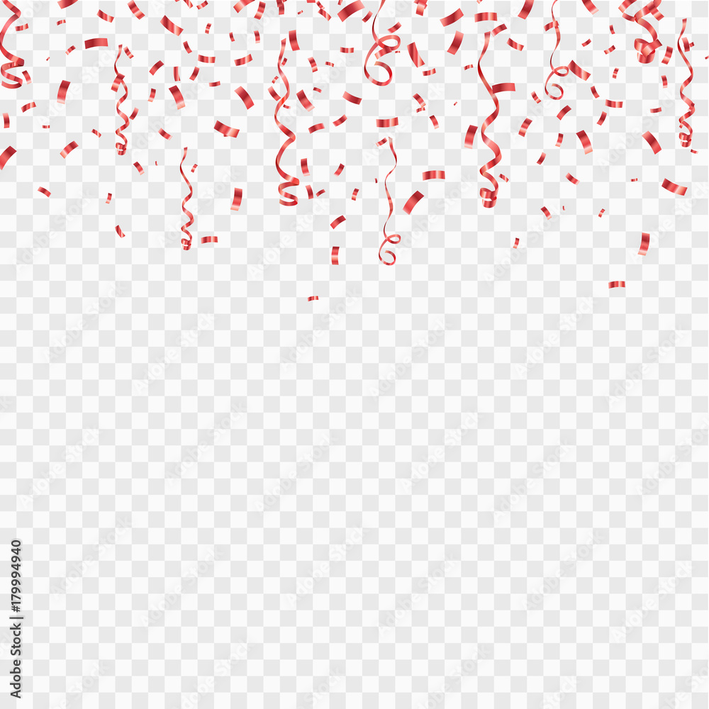 Many Falling Red Confetti And Ribbon Isolated. Vector