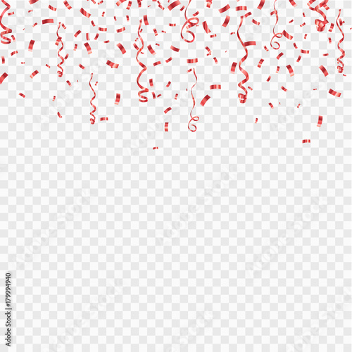 Many Falling Red Confetti And Ribbon Isolated. Vector