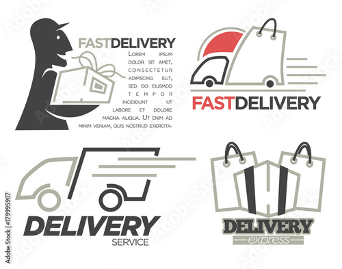 Delivery logo templates set for post mail, food or onlne shop express delivery service.