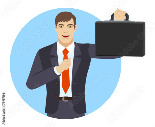 Businessman pointing at himself and holding briefcase