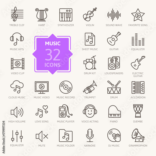 Music web icon set - outline icon set, vector, thin line icons collection