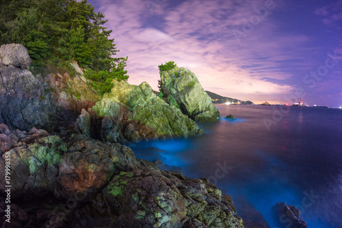 A Beautiful Nightscape Of Rocks With Blue Colored Glowing Bioluminescent Plankton By The Sea Of Okpo Located In Geoje Island  South Korea.