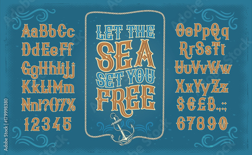 Vector retro white serif font, the Latin alphabet, numbers and symbols on blue background in frame from the ships anchor and rope. Vintage signboard for yacht club, advertising of sailing competitions