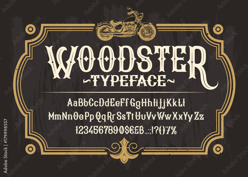 Vector white serif font, the Latin alphabet, numbers and symbols on a black background in a retro frame with a custom motorbike. Vintage signboard for moto club, motorcycle repair shop