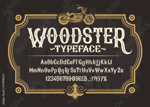 Vector white serif font, the Latin alphabet, numbers and symbols on a black background in a retro frame with a custom motorbike. Vintage signboard for moto club, motorcycle repair shop